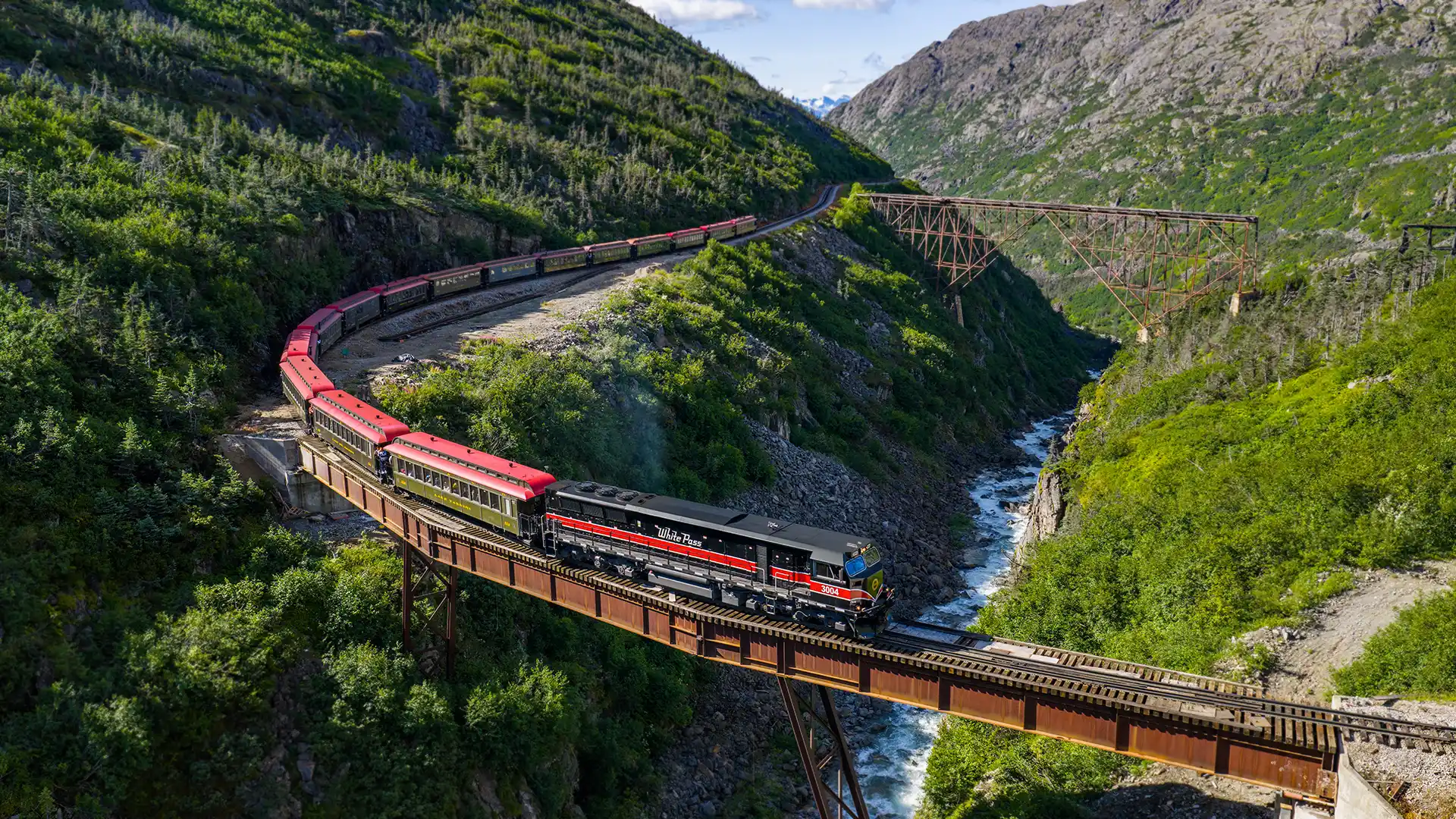 Scenic photo of train at Milepost 18 on the White Pass & Yukon Route Railway, Alaska