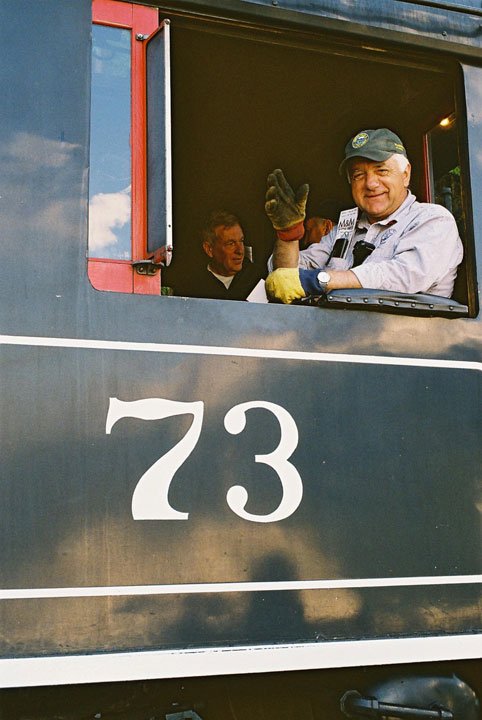 Friendly Engineer in Cab Baldwin Locomotive 73 - by Peter Ralph