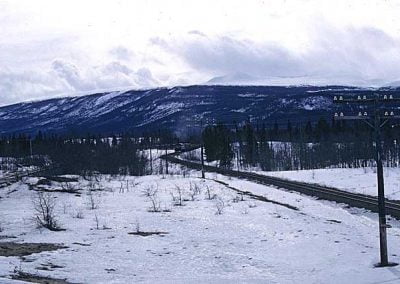 Northbound train near Carcross dessert. Location:MP 68.2. Milepost:Mile 68.2. Date:1980-03-00