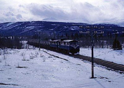 Northbound train near Carcross dessert, closer view. Location:MP 68.2. Milepost:Mile 68.2. Date:1980-03-00