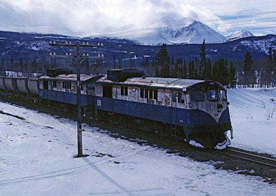 Northbound train near Carcross dessert, close view. Location:MP 68.2. Milepost:Mile 68.2. Date:1980-03-00