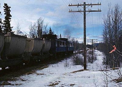 Northbound train near Carcross. Location:MP 68.2. Milepost:Mile 68.2. Date:1980-03-00