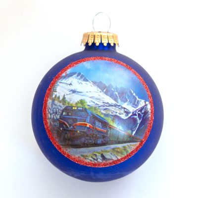 Blue Christmas Ornament featuring painting of Diesel Engine with Red Glitter