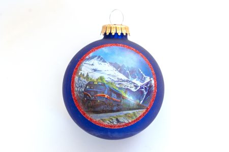 Blue Christmas Ornament featuring painting of Diesel Engine with Red Glitter